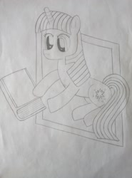 Size: 1560x2104 | Tagged: safe, artist:xuf, imported from derpibooru, twilight sparkle, pony, unicorn, book, female, mare, monochrome, solo, traditional art