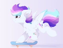 Size: 1760x1360 | Tagged: safe, artist:php146, imported from derpibooru, oc, oc:pony hawk, pegasus, pony, bandage, bandaid, bandaid on nose, folded wings, pegasus oc, simple background, skateboard, skateboarding, solo, wings