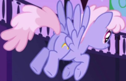 Size: 432x278 | Tagged: safe, imported from derpibooru, screencap, rainbowshine, pegasus, pony, friendship is magic, background character, background pony, butt, cropped, featureless crotch, female, flying, mare, plot, solo, spread wings, wings