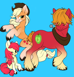 Size: 1440x1503 | Tagged: safe, artist:dessi080, imported from derpibooru, apple bloom, applejack, big macintosh, earth pony, pony, apple siblings, apple sisters, brother and sister, female, filly, foal, light blue background, male, mare, nudity, sheath, siblings, simple background, sisters, stallion