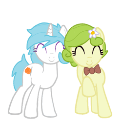 Size: 1000x1000 | Tagged: safe, artist:alt_tab, imported from derpibooru, oc, oc:primrose melody, earth pony, unicorn, base used, bowtie, duo, flower, flower in hair, happy
