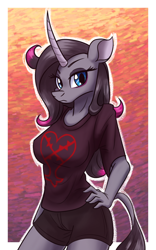 Size: 748x1200 | Tagged: safe, artist:redahfuhrerking, imported from derpibooru, anthro, unicorn, them's fightin' herds, clothes, community related, kingdom hearts, oleander (tfh), shirt, shorts, solo, t-shirt