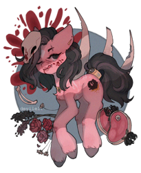 Size: 900x1100 | Tagged: safe, artist:deviiel, imported from derpibooru, earth pony, pony, black mane, black tail, blood, blood on face, bone, chest fluff, flower, food, licking, licking lips, looking at you, mask, meat, pink coat, rose, tail, tongue out