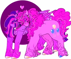 Size: 1703x1422 | Tagged: safe, artist:rare-apples, imported from derpibooru, pinkie pie, twilight sparkle, alicorn, earth pony, pony, 2d, digital art, duo, ear piercing, earring, female, fluffy, jewelry, lesbian, long hair, long mane, mare, piercing, shipping, simple background, smiling, twilight sparkle (alicorn), twinkie, white background