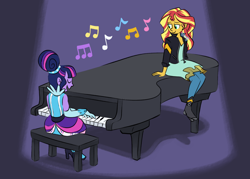 Size: 1280x914 | Tagged: safe, artist:flightless-fox, imported from derpibooru, sunset shimmer, twilight sparkle, human, equestria girls, friendship through the ages, female, music notes, musical instrument, piano, playing instrument