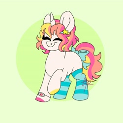 Size: 4096x4096 | Tagged: safe, artist:fizzlefer, imported from derpibooru, oc, oc only, pony, unicorn, bow, clothes, green background, simple background, socks, solo, striped socks, tail, tail bow