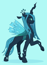 Size: 1280x1792 | Tagged: safe, artist:flightless-fox, imported from derpibooru, queen chrysalis, changeling, changeling queen, blue background, cyan background, raised hoof, side view, simple background, solo