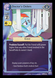 Size: 344x480 | Tagged: safe, imported from derpibooru, rainbow dash, rainbow falls, bandage, bed, ccg, crystal games, enterplay, hospital, injured, merchandise, sad, solo