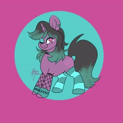 Size: 4096x4096 | Tagged: safe, artist:fizzlefer, imported from derpibooru, oc, oc only, pony, unicorn, choker, clothes, ear piercing, earring, fishnets, jewelry, piercing, socks, solo
