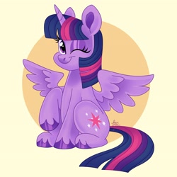 Size: 3800x3800 | Tagged: safe, artist:fizzlefer, imported from derpibooru, twilight sparkle, alicorn, pony, one eye closed, simple background, sitting, solo, twilight sparkle (alicorn), wink, yellow background