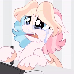 Size: 4096x4096 | Tagged: safe, artist:fizzlefer, imported from derpibooru, oc, oc only, oc:bitter glitter, bat pony, pony, crying, drawing tablet, solo