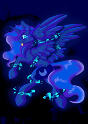 Size: 1754x2480 | Tagged: safe, artist:dankpegasista, derpibooru exclusive, imported from derpibooru, princess luna, alicorn, goo, pony, :p, blue fur, blue mane, butt, chest fluff, crescent moon, cute, cyan eyes, dark background, ear fluff, edgy, eyelashes, female, flowy mane, glowing, gooey, highlights, hoof heart, horn, jewelry, large wings, long horn, long mane, looking at you, looking back, lunabetes, moon, moonbutt, plot, png, princess of the night, purple mane, raised hoof, regalia, royalty, shading, shiny mane, simple background, smiling, solo, sparkles, spread wings, tongue out, underhoof, wings