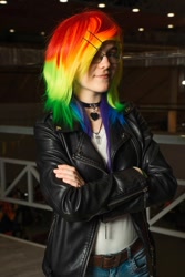 Size: 720x1080 | Tagged: safe, artist:helen the witch, imported from derpibooru, rainbow dash, human, choker, clothes, cosplay, costume, female, glasses, irl, irl human, jacket, leather, leather jacket, looking at you, photo, smiling, solo