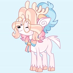 Size: 4096x4096 | Tagged: safe, artist:fizzlefer, imported from derpibooru, oc, oc only, oc:bitter glitter, deer, pony, blue background, bowtie, cloven hooves, glasses, simple background, solo