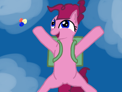 Size: 1024x768 | Tagged: safe, artist:jimthecactus, imported from derpibooru, pinkie pie, earth pony, pony, female, low angle, mare, open mouth, open smile, parachute, skydiving, smiling, solo