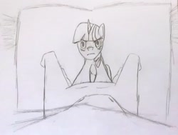 Size: 848x641 | Tagged: safe, artist:jimthecactus, imported from derpibooru, twilight sparkle, pony, unicorn, grayscale, monochrome, offscreen character, pencil drawing, pov, traditional art, unicorn twilight