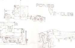 Size: 3323x2154 | Tagged: safe, artist:lonewolf3878, imported from derpibooru, fluttershy, pinkie pie, rainbow dash, earth pony, pegasus, pony, eurofighter typhoon, female, locomotive, semi truck, traditional art, train, truck