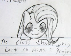 Size: 2154x1679 | Tagged: safe, artist:jimthecactus, imported from derpibooru, fluttershy, pegasus, pony, grayscale, looking at you, monochrome, pencil drawing, smiling, smiling at you, solo, text, traditional art