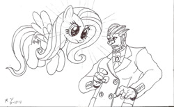Size: 900x554 | Tagged: safe, artist:lonewolf3878, imported from derpibooru, fluttershy, human, pegasus, pony, ace attorney, crossover, damon gant, female, stare, the stare, traditional art