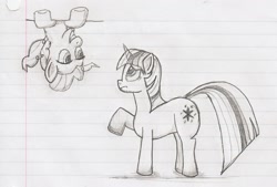 Size: 1851x1248 | Tagged: safe, artist:jimthecactus, imported from derpibooru, pinkie pie, twilight sparkle, earth pony, pony, unicorn, duo, grayscale, grin, in which pinkie pie forgets how to gravity, lined paper, looking at each other, looking at someone, looking up, monochrome, pencil drawing, pinkie being pinkie, pinkie physics, smiling, traditional art, unicorn twilight