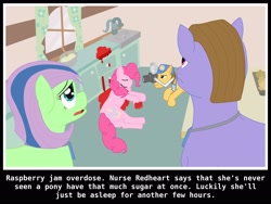 Size: 3200x2400 | Tagged: safe, artist:jimthecactus, imported from derpibooru, pinkie pie, oc, earth pony, pony, camera, csi, dialogue, female, food, jam, male, mare, misleading thumbnail, not blood, raspberry, sleeping, stallion, subtitles, tongue out