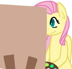 Size: 400x383 | Tagged: safe, artist:fluttershydaily, imported from derpibooru, fluttershy, easel, painting, palette, simple background, smiling, white background