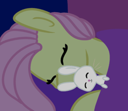 Size: 400x348 | Tagged: safe, artist:fluttershydaily, imported from derpibooru, angel bunny, fluttershy, eyes closed, fluttershy's bedroom, hug, sleeping, smiling