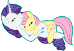 Size: 400x274 | Tagged: safe, artist:fluttershydaily, imported from derpibooru, fluttershy, rarity, eyes closed, hug, lying down, simple background, smiling, transparent background