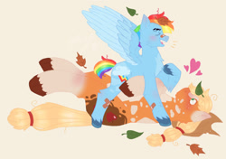 Size: 1386x978 | Tagged: safe, artist:thegalaxyinapaperbag2, imported from derpibooru, applejack, rainbow dash, earth pony, pegasus, pony, alternate design, appledash, bandaid, bandaid on nose, female, hairband, heart, leaf, leaves, lesbian, shipping, short mane, short tail, simple background, tail, tail band