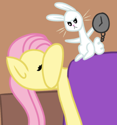 Size: 400x428 | Tagged: safe, artist:fluttershydaily, imported from derpibooru, angel bunny, fluttershy, alarm clock, angel is a bunny bastard, arm around head, bed, clock, eyes closed, waking up