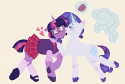 Size: 1190x802 | Tagged: safe, artist:thegalaxyinapaperbag2, imported from derpibooru, rarity, twilight sparkle, pony, unicorn, clothes, female, glasses, heart, heart eyes, lesbian, magic, measuring tape, pincushion, rarilight, shipping, shoes, simple background, skirt, socks, telekinesis, unicorn twilight, wingding eyes