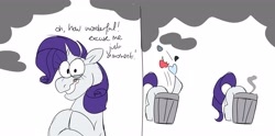Size: 4096x2029 | Tagged: safe, artist:fizzlefer, imported from derpibooru, part of a set, rarity, pony, unicorn, comic, simple background, smoking, solo, trash can, white background