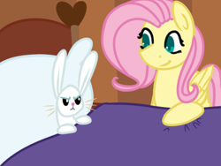 Size: 400x301 | Tagged: safe, artist:fluttershydaily, imported from derpibooru, angel bunny, fluttershy, angel is a bunny bastard, bed, blanket, grumpy, pillow, smiling