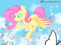 Size: 1280x960 | Tagged: safe, artist:fluttershydaily, imported from derpibooru, fluttershy, butterfly, cloud, flying, sky, smiling