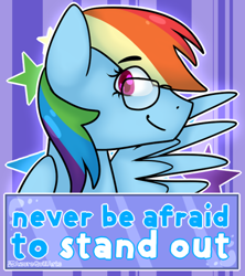 Size: 400x450 | Tagged: safe, artist:fluttershydaily, imported from derpibooru, rainbow dash, eye clipping through hair, eyebrows, eyebrows visible through hair, glasses, looking at someone, purple background, simple background, spread wings, wings