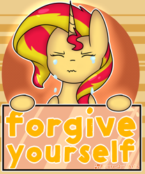 Size: 1280x1536 | Tagged: safe, artist:fluttershydaily, imported from derpibooru, sunset shimmer, unicorn, crying, eyes closed, orange background, simple background