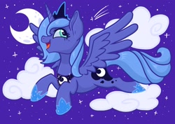 Size: 2048x1448 | Tagged: safe, artist:art_alanis, imported from derpibooru, princess luna, alicorn, pony, cloud, flying, moon, night, open mouth, s1 luna, solo