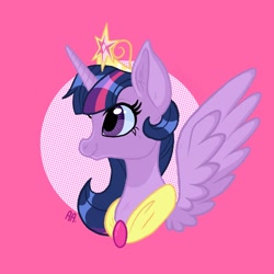 Size: 2048x2048 | Tagged: safe, artist:art_alanis, imported from derpibooru, twilight sparkle, alicorn, pony, big crown thingy, bust, element of magic, jewelry, pink background, regalia, simple background, solo, twilight sparkle (alicorn)