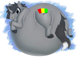 Size: 1041x768 | Tagged: safe, artist:paradoxinhead, imported from derpibooru, oc, oc:midnight snack, unicorn, belly, belly bed, big belly, fat, huge belly, impossibly large belly, looking back, male, solo