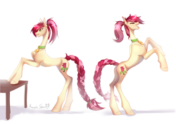 Size: 3264x2298 | Tagged: safe, alternate version, artist:satan, imported from derpibooru, roseluck, pony, alternate hairstyle, braid, braided tail, collar, commission, commissioner:doom9454, concave belly, cute, hooves, hooves on the table, long legs, pet tag, pony pet, ponytail, rearing, rosepet, slim, table, tail, thin