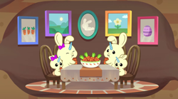 Size: 3300x1839 | Tagged: safe, imported from derpibooru, screencap, rabbit, spoiler:g5, spoiler:my little pony: tell your tale, spoiler:tyts01e49, adult, bow, bowl, bunnycorn, carrot, chair, child, eating, eyes closed, family, female, food, g5, herbivore, male, mission imponable, my little pony: tell your tale, picture, smiling, table