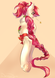 Size: 1500x2100 | Tagged: safe, artist:draco zero, imported from derpibooru, roseluck, pony, alternate hairstyle, braid, collar, commission, commissioner:doom9454, cute, long tail, pony pet, ponytail, ribbon, rosepet, tail, underhoof