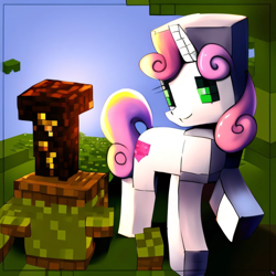 Size: 2048x2048 | Tagged: safe, imported from derpibooru, sweetie belle, pony, unicorn, ai content, ai generated, angular, female, filly, foal, generator:purplesmart.ai, generator:stable diffusion, minecraft, solo