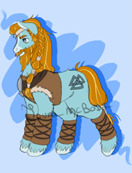 Size: 1257x1641 | Tagged: safe, artist:luna_mcboss, imported from derpibooru, rockhoof, clydesdale, earth pony, pony, beard, blue background, blue coat, braid, clothes, colored, facial hair, fluffy, headband, moustache, orange mane, pillars of equestria, simple background, sketch, solo, tail, tail wrap, unshorn fetlocks