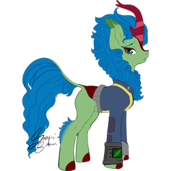 Size: 2502x2502 | Tagged: safe, artist:senpai-satan, imported from derpibooru, oc, oc only, oc:spring glow, kirin, fallout equestria, commission, female, kirin oc, mare, pipbuck, sad, signature, simple background, solo, transparent background