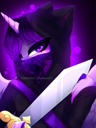 Size: 1875x2500 | Tagged: safe, artist:taiweiart, imported from derpibooru, oc, oc only, alicorn, pony, abstract background, alicorn oc, clothes, face mask, female, hoodie, horn, mare, mask, solo, sword, weapon, wings