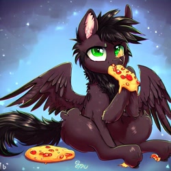 Size: 1024x1024 | Tagged: safe, imported from derpibooru, oc, oc:pizza split, pegasus, ai content, ai generated, beach, food, male, pizza