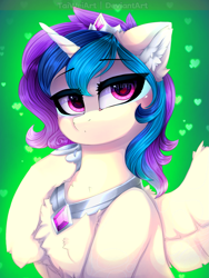 Size: 1875x2500 | Tagged: safe, artist:taiweiart, imported from derpibooru, oc, oc only, alicorn, pony, alicorn oc, bust, ear fluff, female, hoof shoes, horn, jewelry, mare, peytral, raised hoof, solo, thinking, tiara, wings