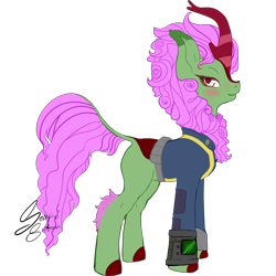Size: 2502x2502 | Tagged: safe, artist:senpai-satan, imported from derpibooru, oc, oc only, oc:spring glow, kirin, fallout equestria, cloven hooves, commission, female, heart, heart eyes, kirin oc, love, mare, pipbuck, signature, simple background, solo, transparent background, wingding eyes