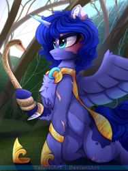 Size: 1875x2500 | Tagged: safe, artist:taiweiart, imported from derpibooru, oc, oc only, alicorn, pony, snake, alicorn oc, chest fluff, hoof shoes, horn, male, outdoors, stallion, tree, wings